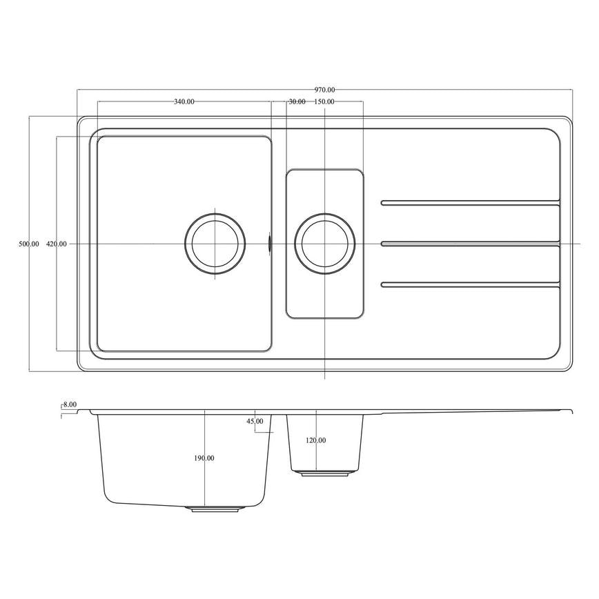 1.5 Bowl Reversible Inset Composite Grey Kitchen Sink Line Drawing