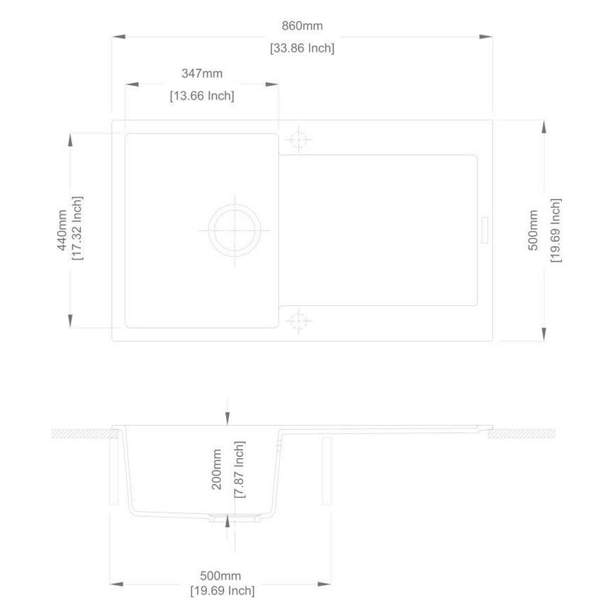 Chasewater Single Bowl Reversible Inset Granite Composite Charcoal Compact Kitchen Sink Line Drawing