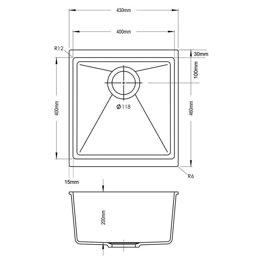 Chasewater Single Bowl No Drainer Inset/Undermount Granite Composite Black Compact Kitchen Sink Line Drawing