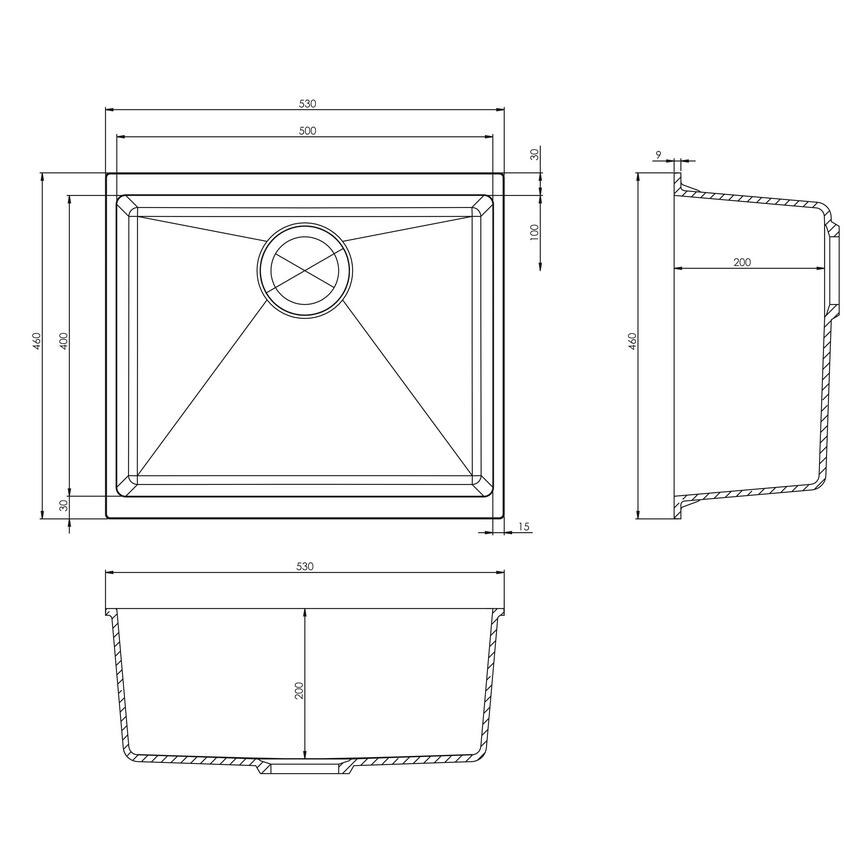 Chasewater Single Bowl No Drainer Inset/Undermount Granite Composite Charcoal Kitchen Sink Line Drawing