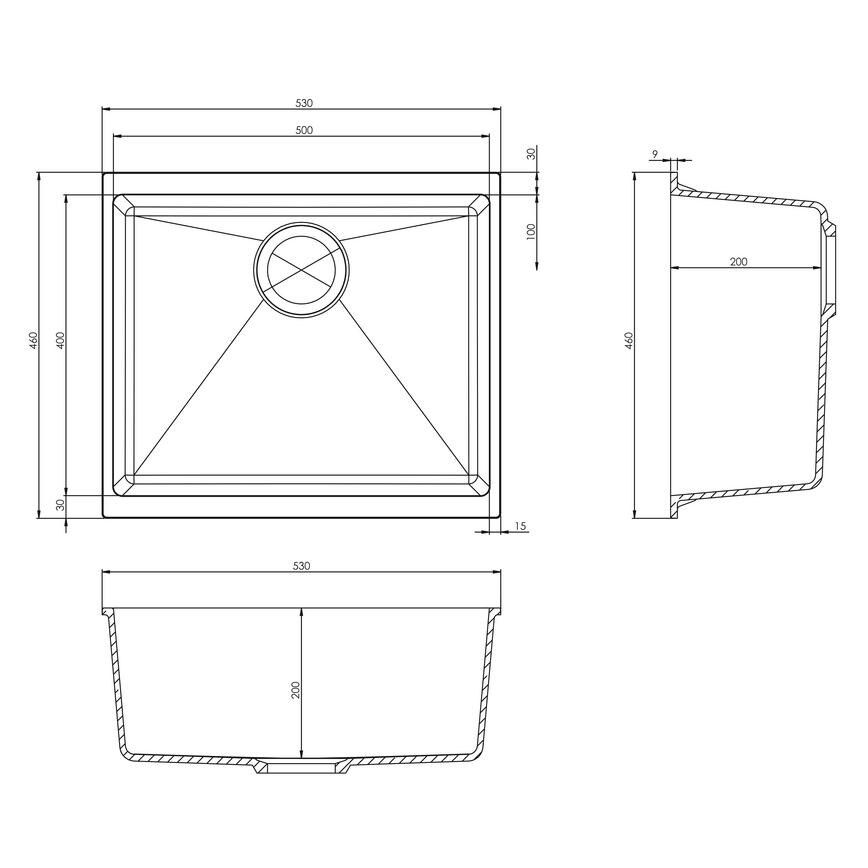 Chasewater Single Bowl No Drainer Inset/Undermount Granite Composite Fossil Kitchen Sink Line Drawing