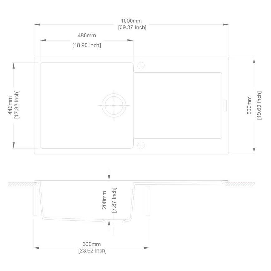 Chasewater Single Bowl Reversible Inset Granite Composite White Kitchen Sink Line Drawing