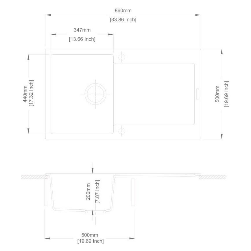 Chasewater Single Bowl Reversible Inset Granite Composite White Compact Kitchen Sink Line Drawing