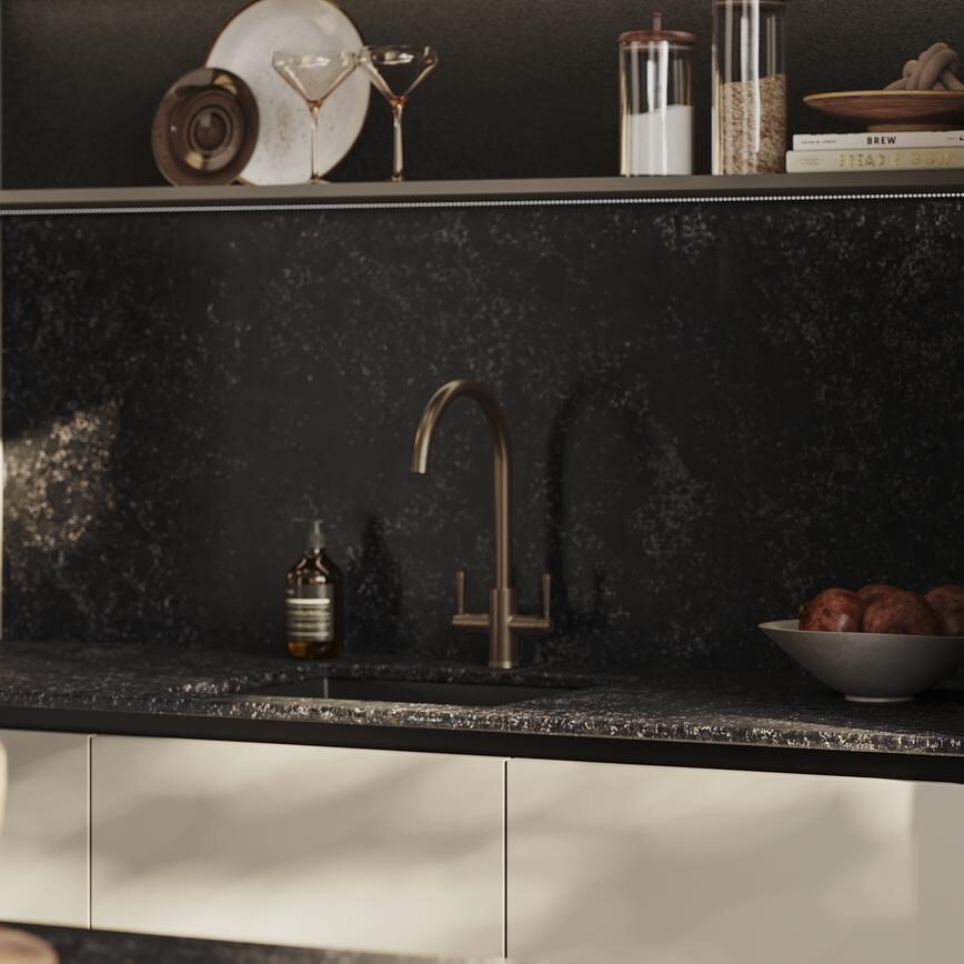 Garda Bronze in Howdens Hockley Super Matt Sand Grey Handleles Kitchen