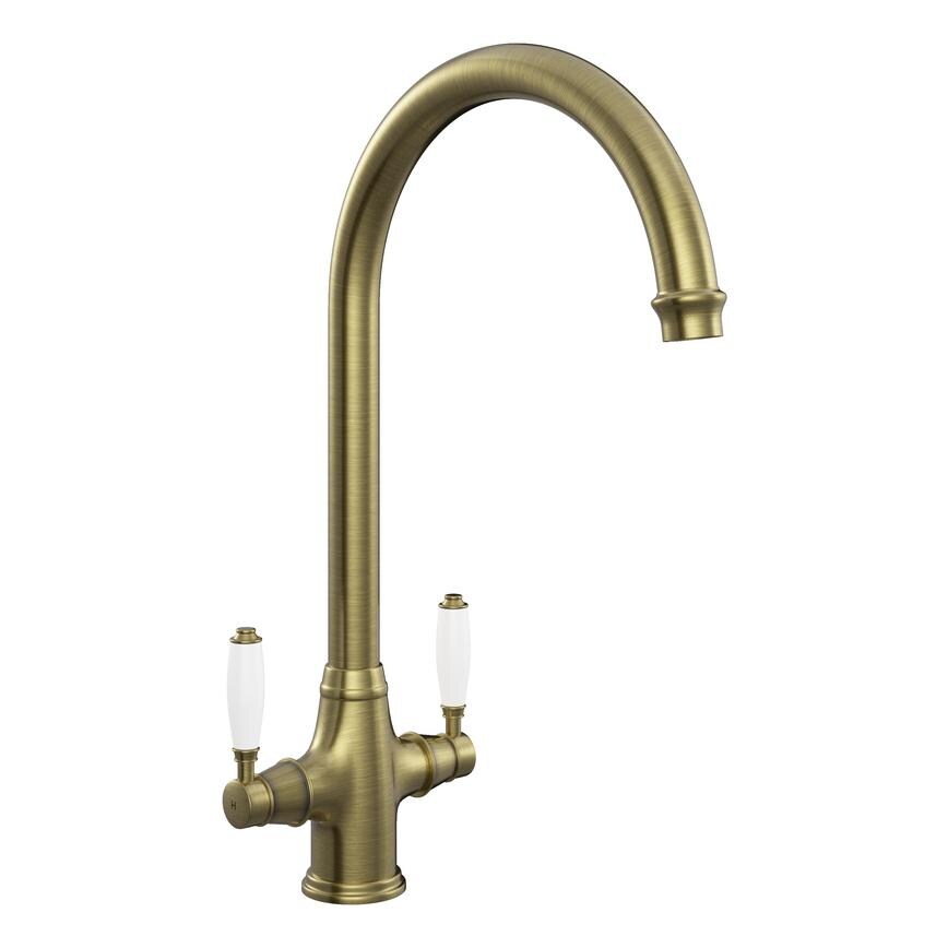 Victorian Brushed Aged Brass Swan Neck Mixer Kitchen Tap