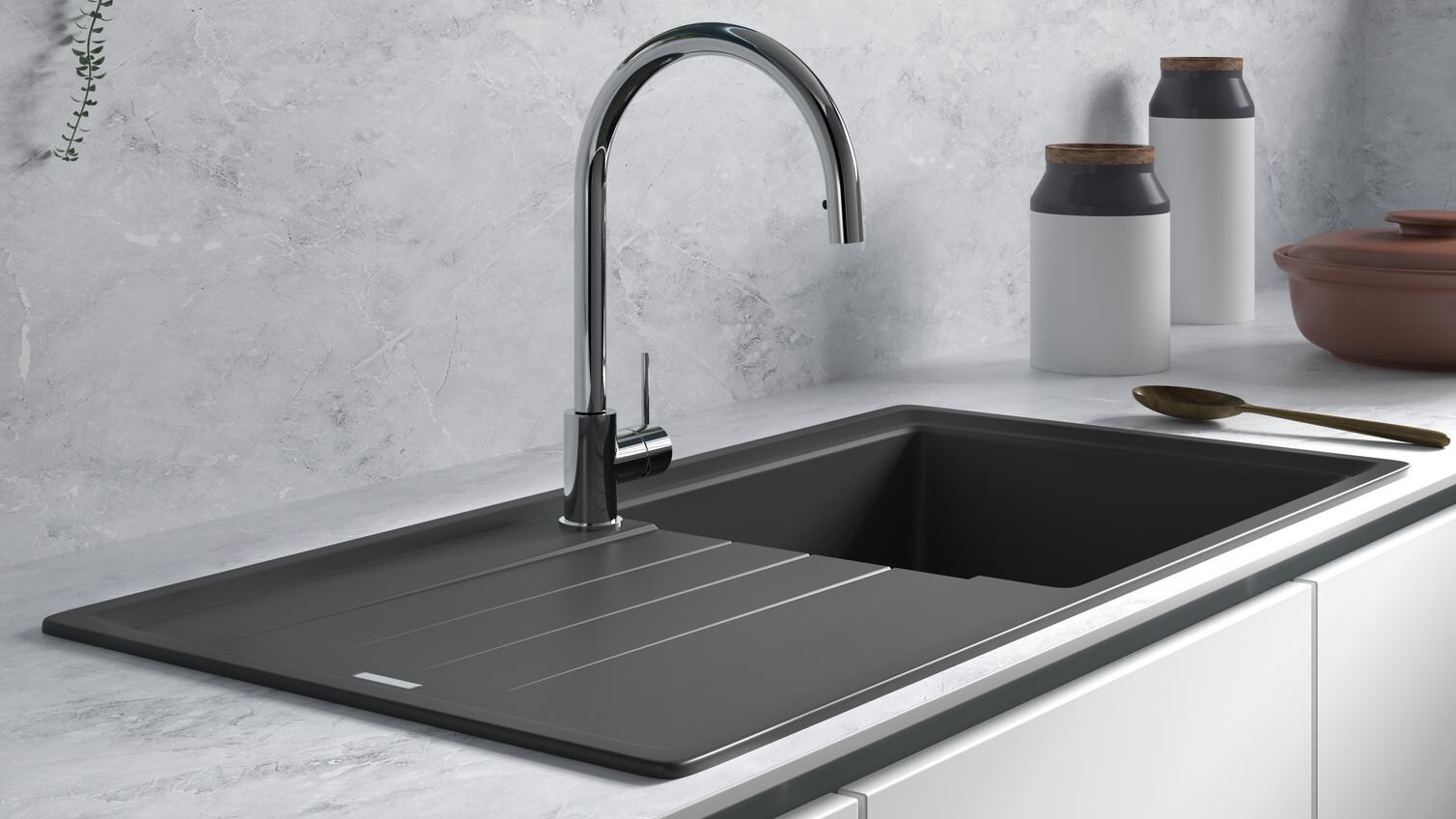 TAP8319 Alvo Pull Out Chrome Tap & SNK2192 Granite Matt Black Sgl Bowl Sink