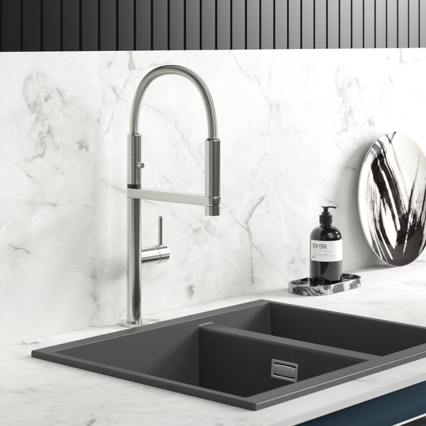 Nobili Move Professional Brushed Nickel Swan Neck Pull Out Kitchen Tap