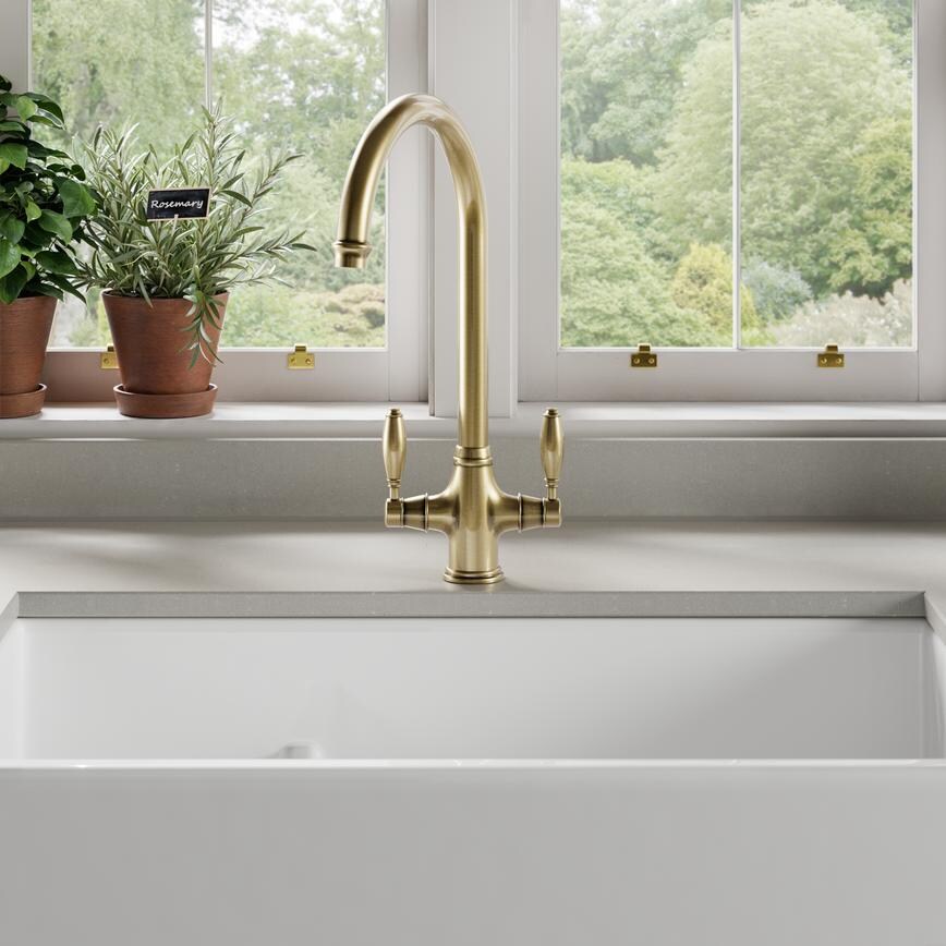 Victorian Brushed Aged Brass Traditional Kitchen Tap Handles Featuring Bridgemere Sage Green