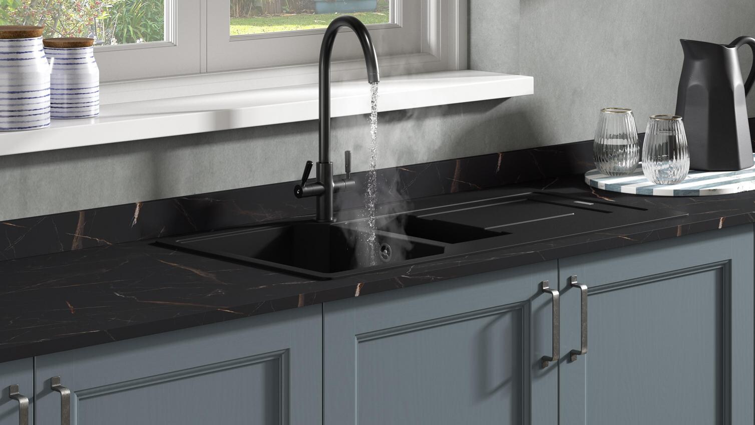 Pronteau Kynance Matt Black 3 in 1 J Spout Instant Hot Water Kitchen Tap 