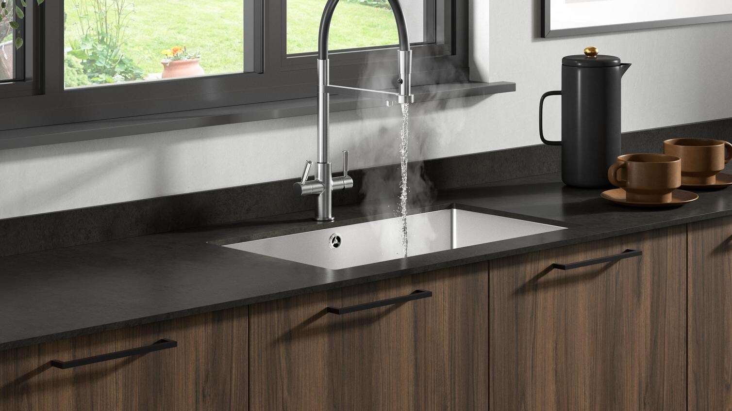 Pronteau Kynance Brushed Nickel 3 in 1 J Spout Instant Hot Water Kitchen Tap 