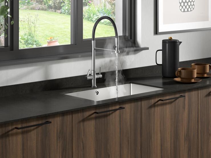 Pronteau Kynance Brushed Nickel 3 in 1 J Spout Instant Hot Water Kitchen Tap 