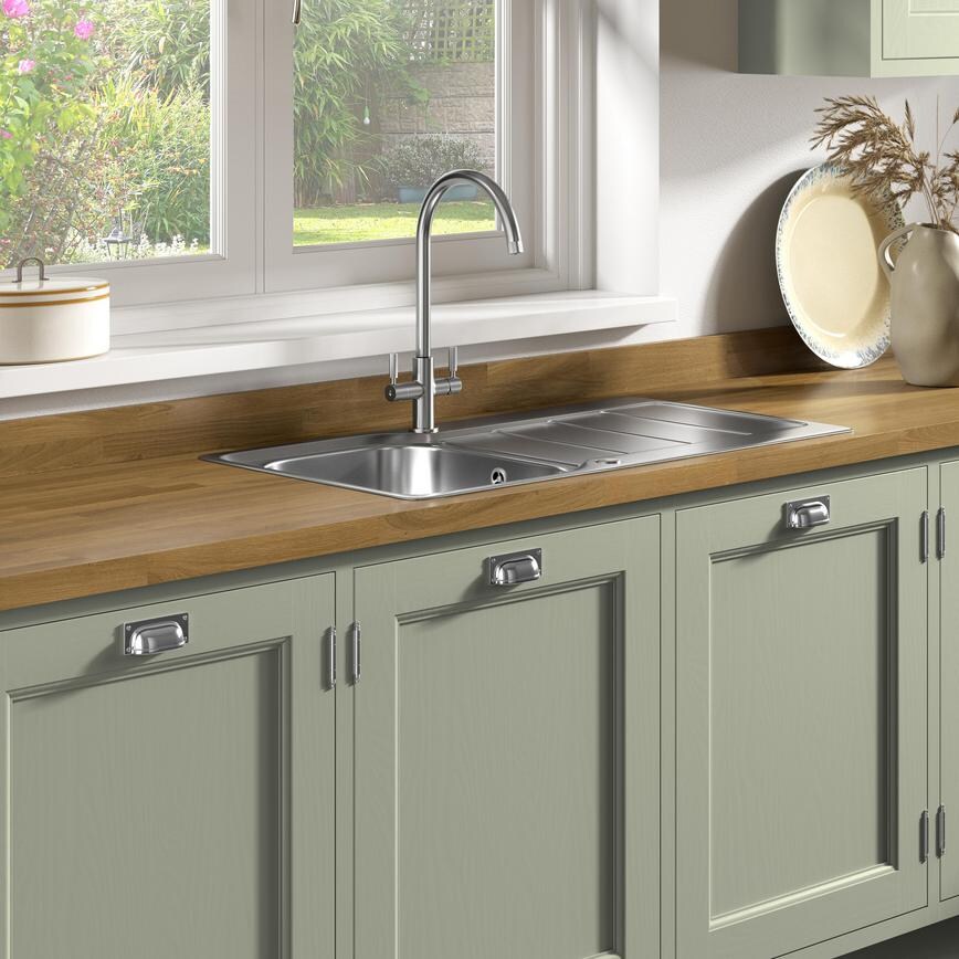 Pronteau Kynance Brushed Nickel Ribbed Kitchen Tap Handles Hollingworth Single Bowl Reversible Inset Stainless Steel Kitchen Sink