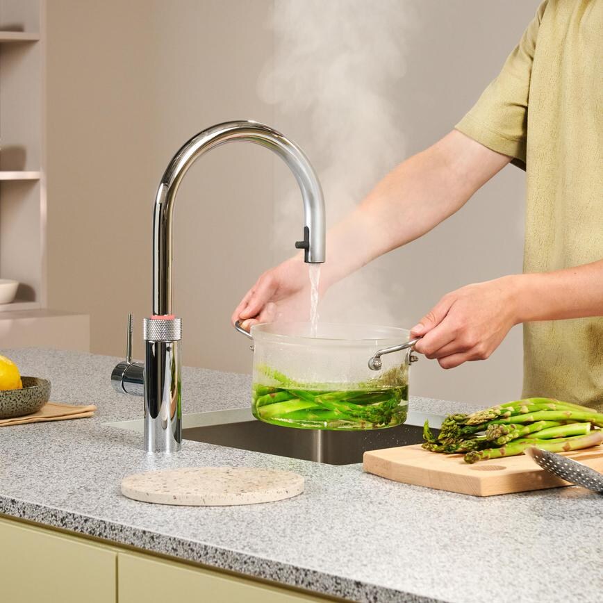 Quooker Flex Chrome Tap Boiling Water Over Vegetables