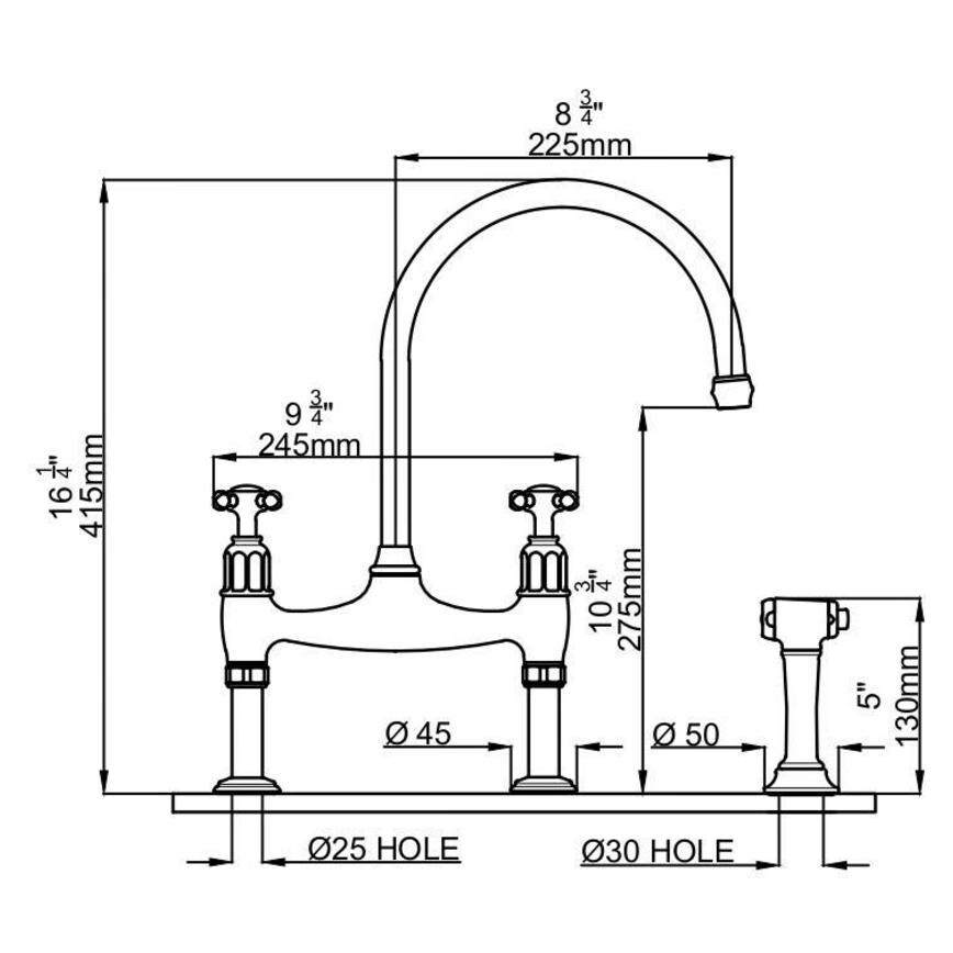 Perrin & Rowe Ionian Patinated Aged Brass Swan Neck Bridge Kitchen Tap Line Drawing