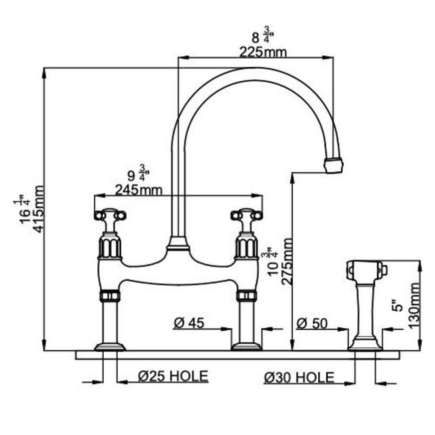 Perrin & Rowe Ionian Polished Chrome Swan Neck Bridge Kitchen Tap Line Drawing
