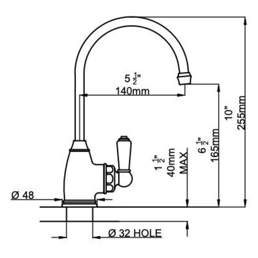 Perrin & Rowe Ionian Patinated Aged Brass Swan Neck Standalone Instant Hot Water Kitchen Tap Line Drawing