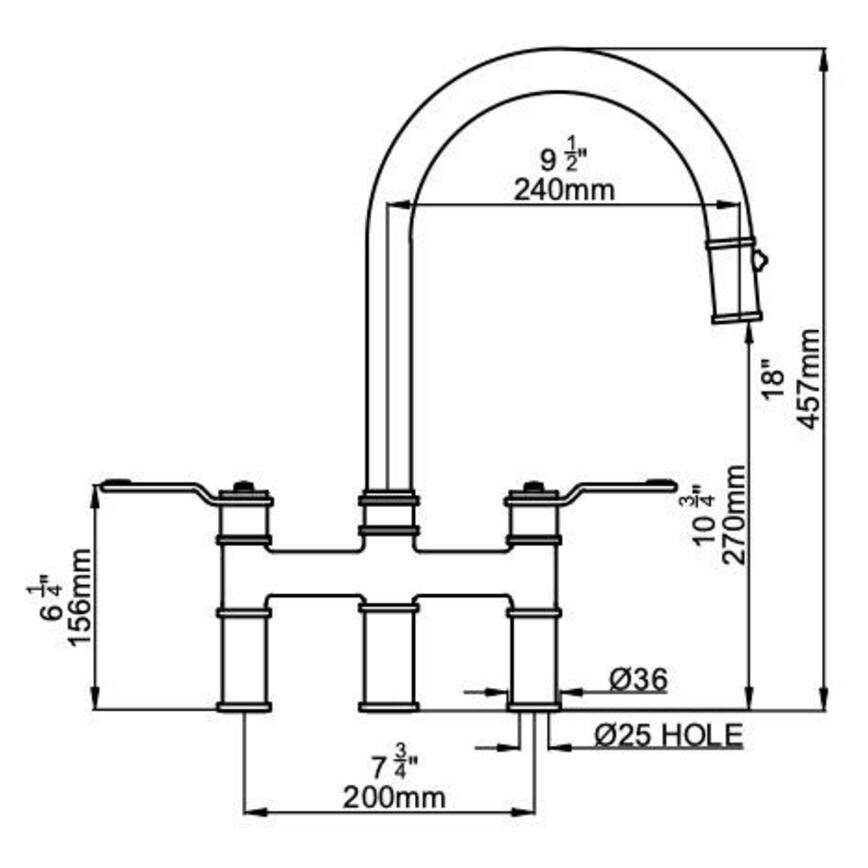 Perrin & Rowe Armstrong Patinated Aged Brass Swan Neck Pull Out Bridge Kitchen Tap Line Drawing