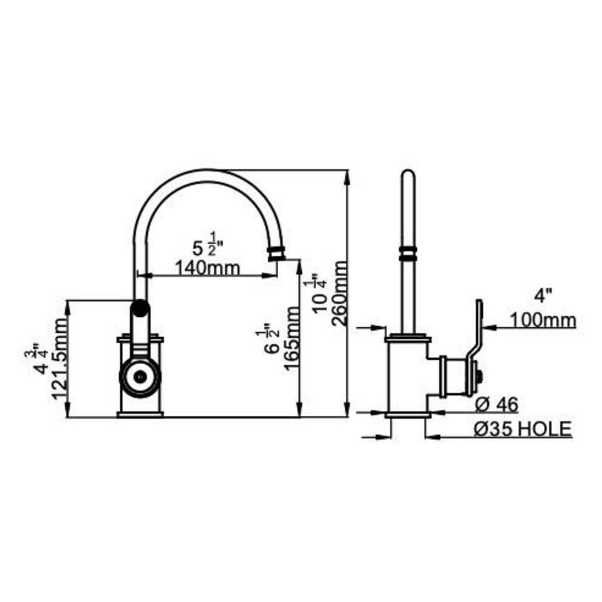 Perrin & Rowe Armstrong Patinated Aged Brass Swan Neck Standalone Instant Hot Water Kitchen Tap Line Drawing