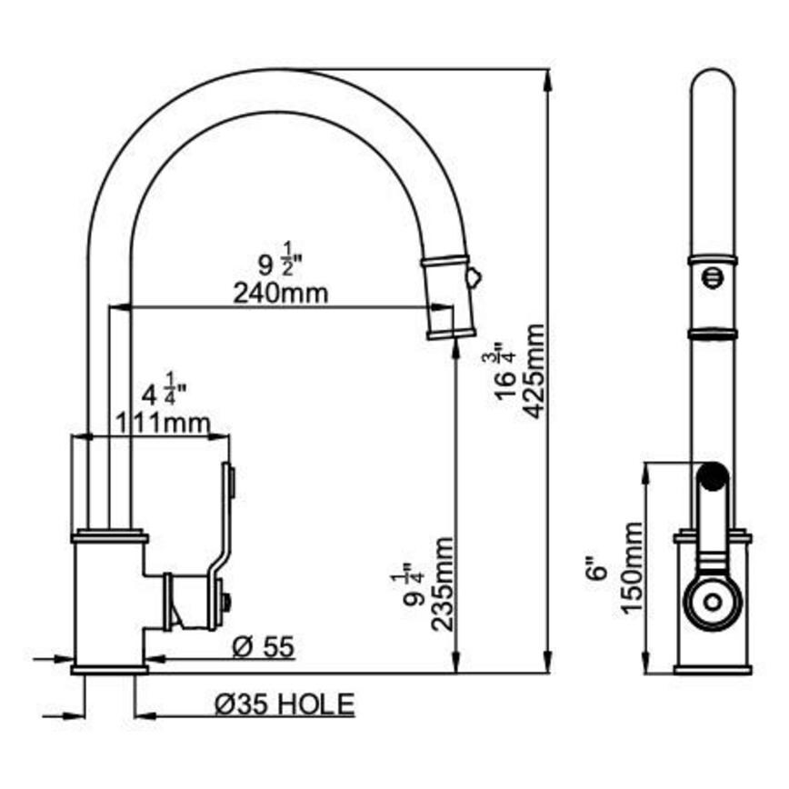 Perrin & Rowe Armstrong Matt Pewter Swan Neck Pull Out Kitchen Tap Line Drawing