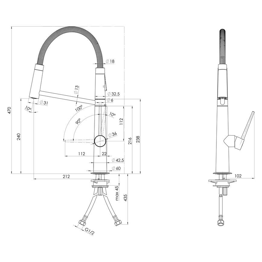 Nobili Levante Professional Brushed Nickel Swan Neck Pull Out Kitchen Tap Line Drawing