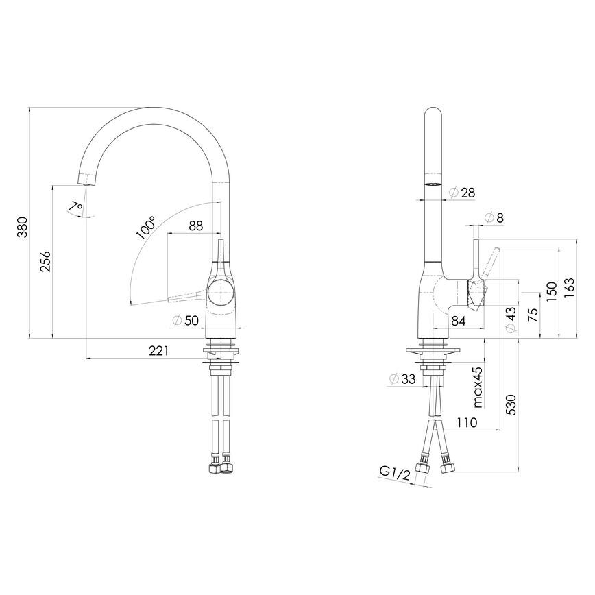 Nobili Mania Brushed Black Nickel Swan Neck Mixer Kitchen Tap Line Drawing