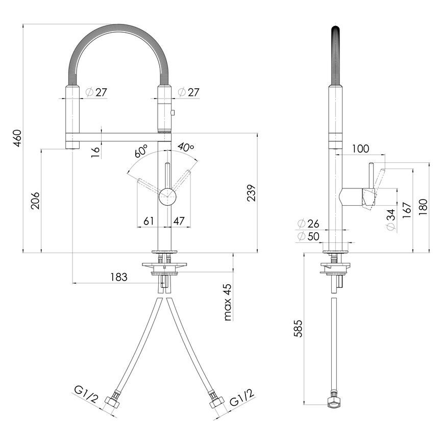 Nobili Move Professional Brushed Nickel Swan Neck Pull Out Kitchen Tap Line Drawing