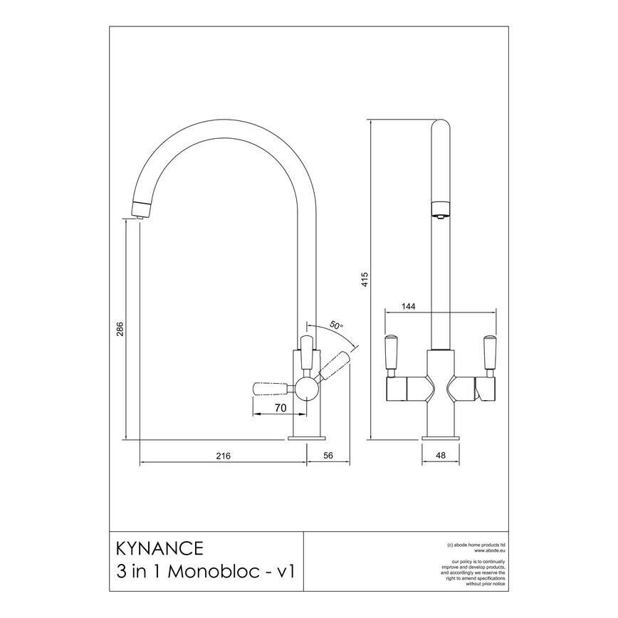Pronteau Kynance PROBOIL2X Brushed Aged Brass Swan Neck 3 in 1 Instant Hot Water Kitchen Tap Line Drawing