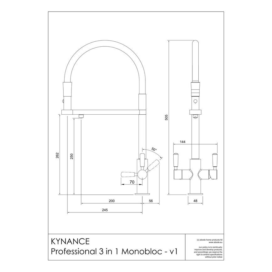Pronteau Kynance PROBOIL2X Brushed Nickel Swan Neck 3 in 1 Instant Hot Water Kitchen Tap Line Drawing