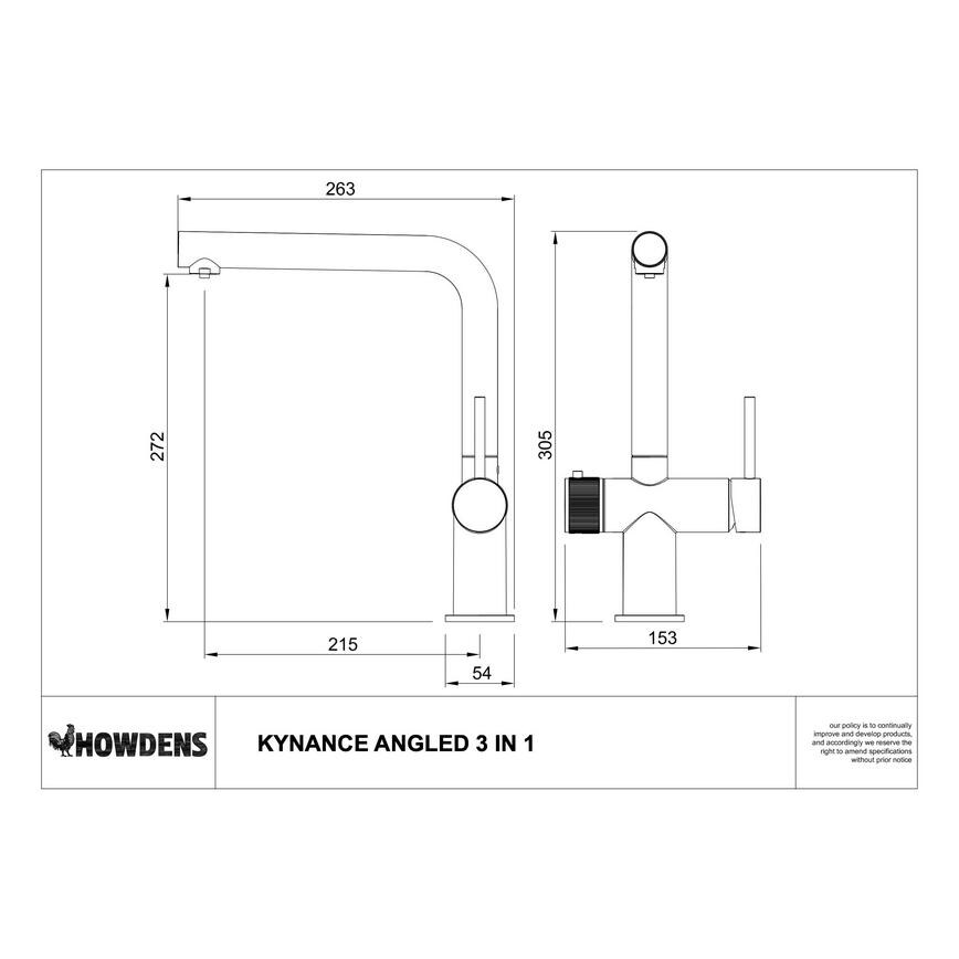 Pronteau Kynance PROBOIL2X Brushed Brass Right Angled 3 in 1 Instant Hot Water Kitchen Tap Line Drawing