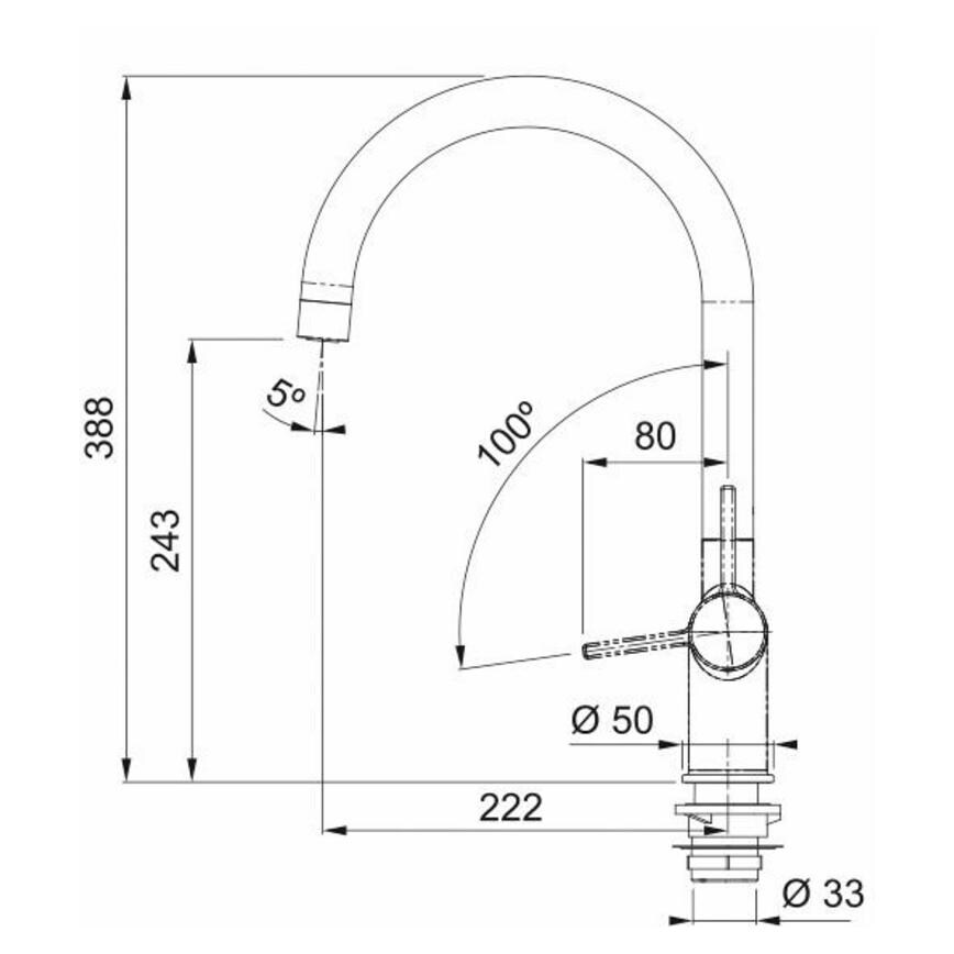 Franke Maris Water Hub Polished Chrome Swan Neck 3 in 1 Boiling Water Kitchen Tap Line Drawing