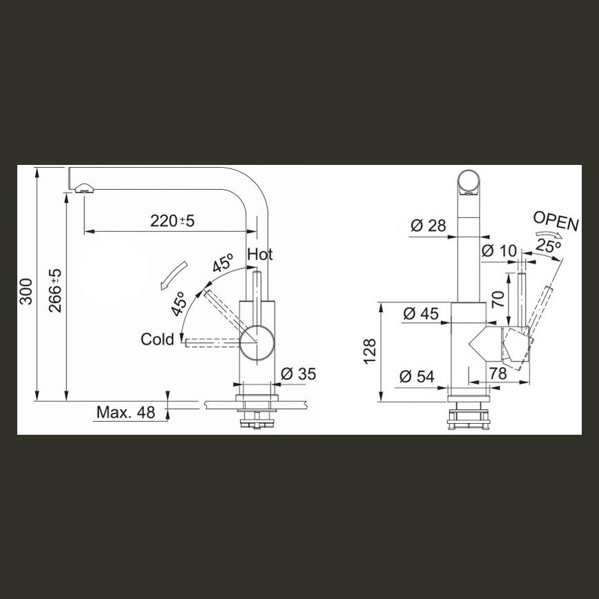 Franke Glenda Satin Stainless Steel Right Angled Mixer Kitchen Tap Line Drawing