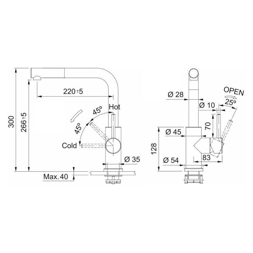 Franke Glenda Satin Stainless Steel Right Angled Pull Out Kitchen Tap Line Drawing