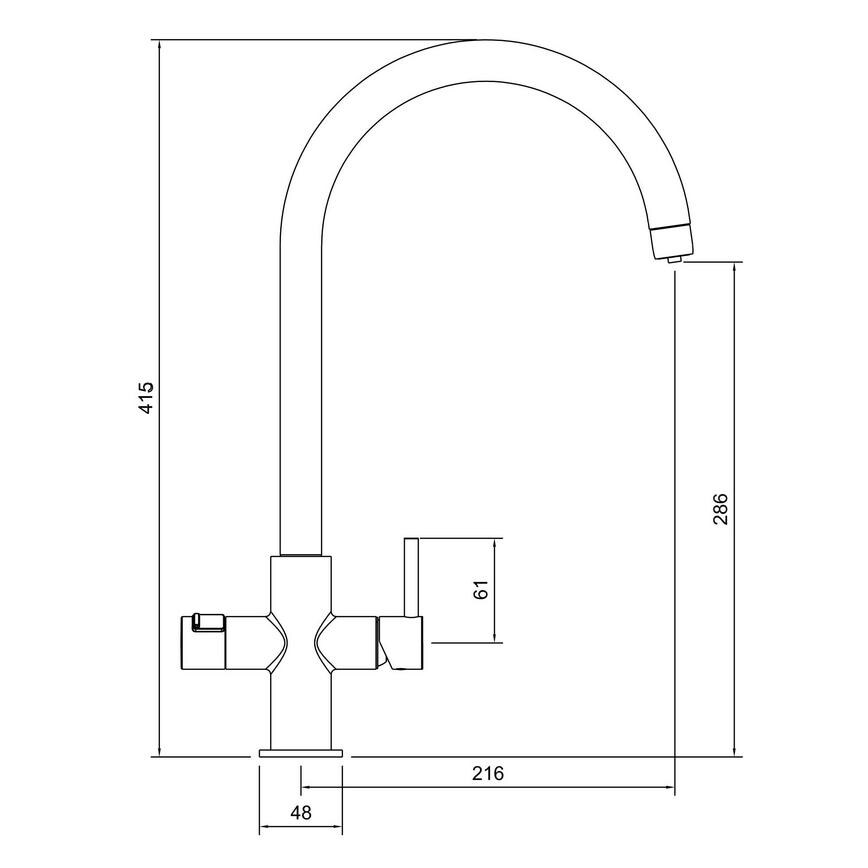 Pronteau Calcinara PROBOIL2X Polished Chrome Swan Neck 3 in 1 Instant Hot Water Kitchen Tap Line Drawing