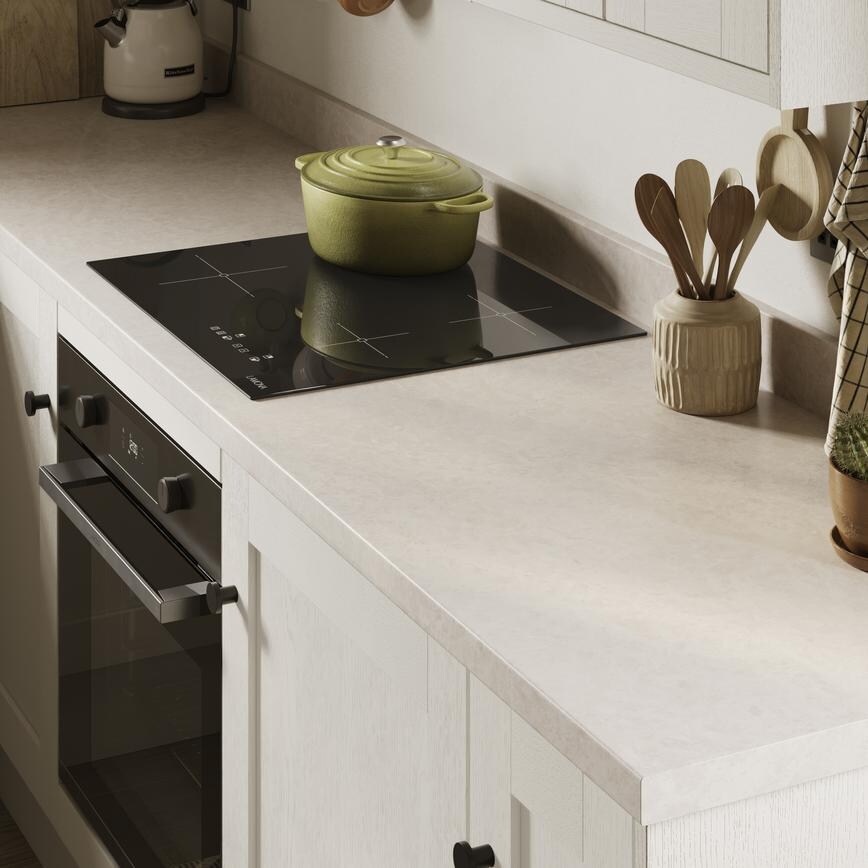 Lunar Stone Bullnose Worktop with 60cm Induction Hob on White Shaker Cabinet