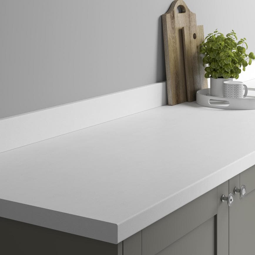 Arctic Stone Bullnose Worktop Angled View on Grey Cabinets with Silver Knobs