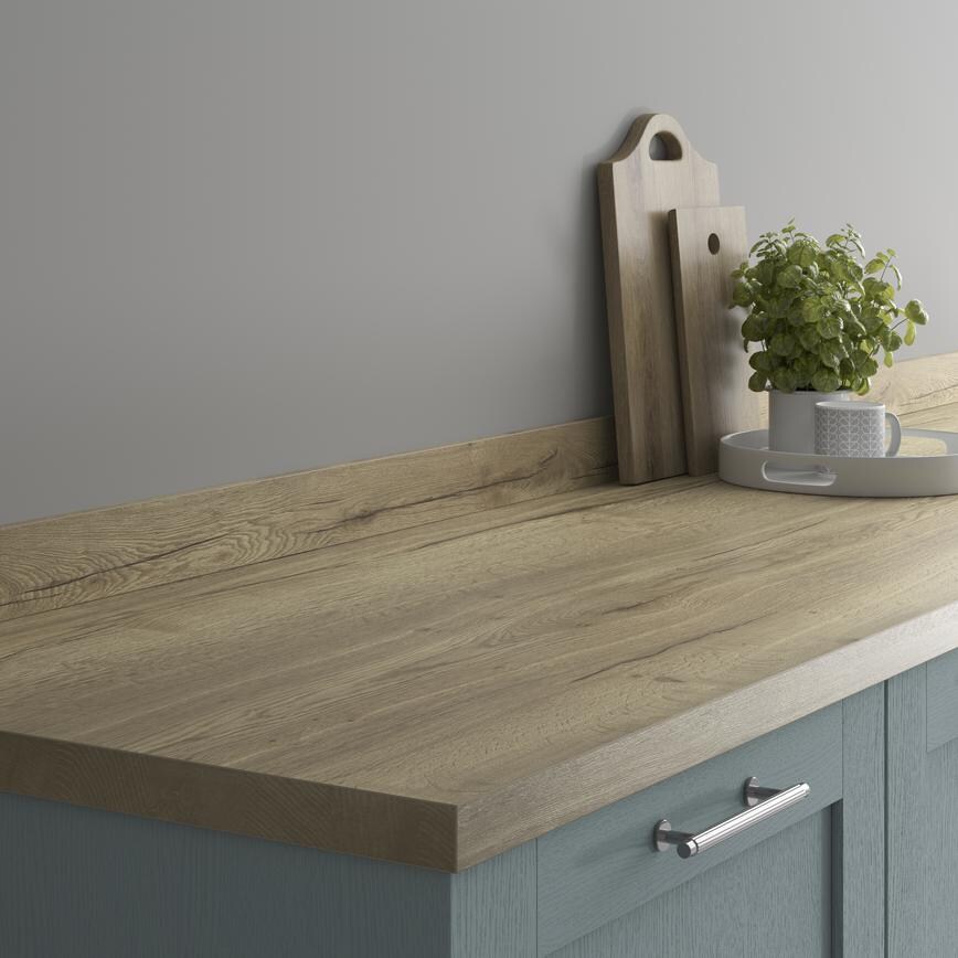Howdens 3m x 38mm Square Edge Aged Oak Effect LamInate Worktop And Upstand Angle