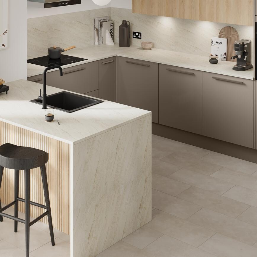Howdens 3m x 22mm Square Edge Quartzite Marble Effect LamInate Worktop In Hockley Gloss Sand Grey Kitchen
