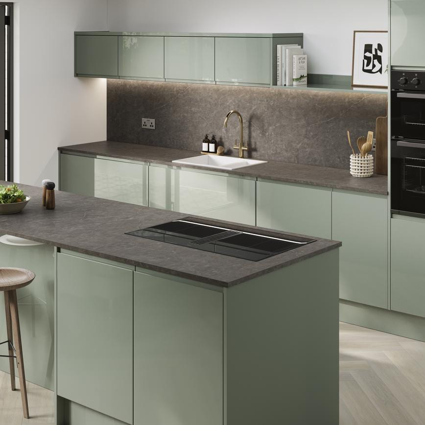 Howdens 3m x 22mm Square Edge Soft Pietra Stone Effect LamInate Worktop In Clerkenwell Gloss Reed Green