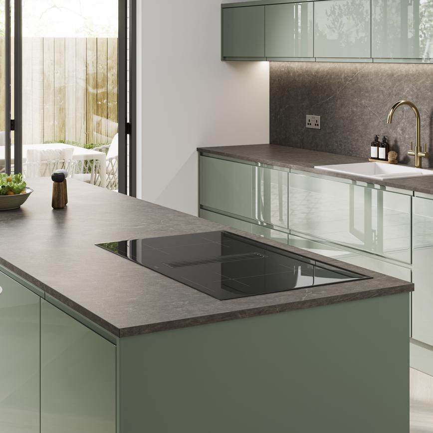 Howdens 3m x 22mm Square Edge Soft Pietra Stone Effect LamInate Worktop In Clerkenwell Gloss Reed Green