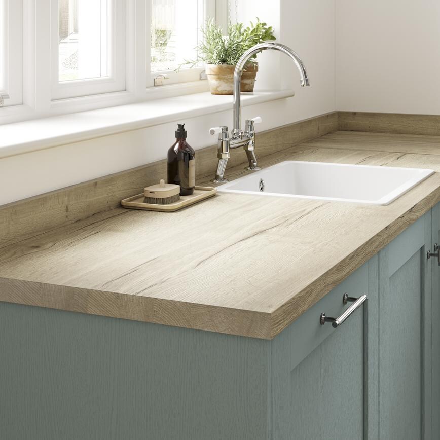 Howdens 3.6m x 38mm Square Edge Aged Oak Effect LamInate Worktop In Halesworth Seafoam