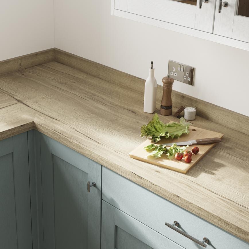 Howdens 3.6m x 38mm Square Edge Aged Oak Effect LamInate Worktop In Halesworth Seafoam