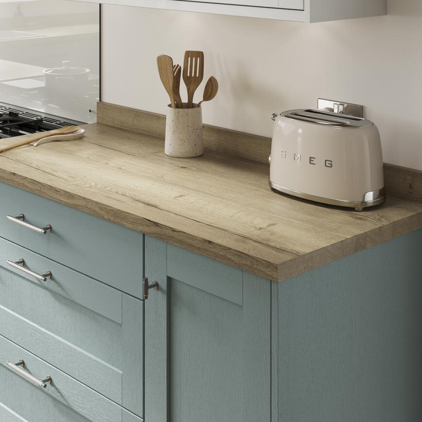 Howdens 3.6m x 38mm Square Edge Aged Oak Effect LamInate Worktop In Halesworth Seafoam