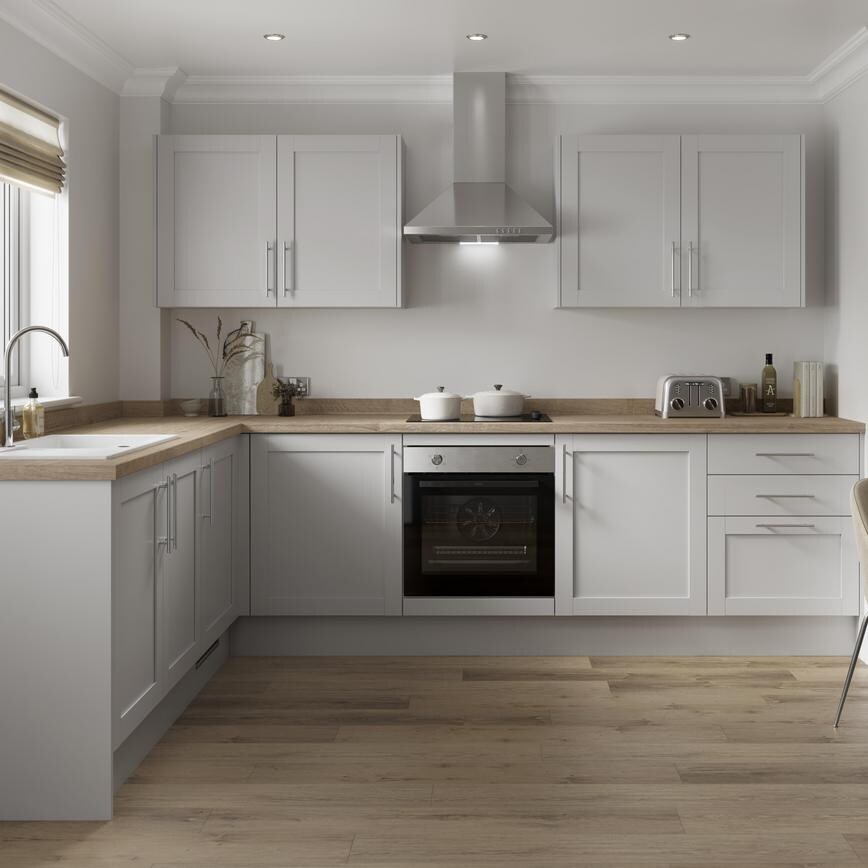 Natural Oak Worktop in an L Shape Kitchen Set