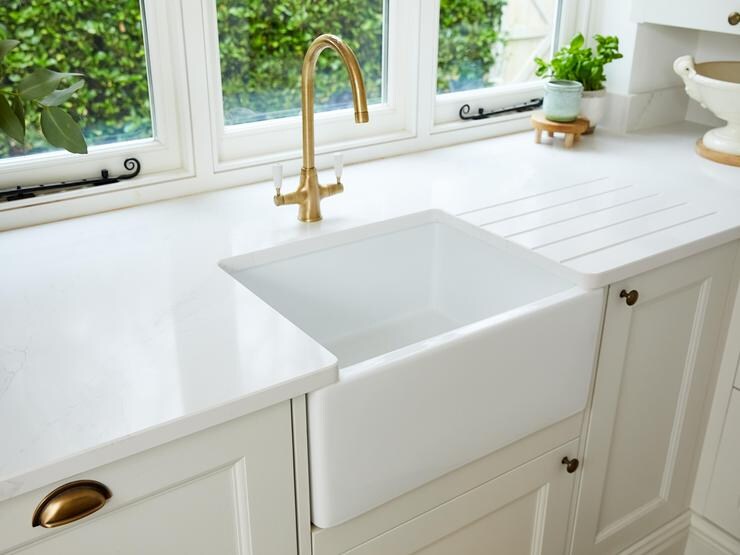 20mm Eternal Calacatta Gold Worktop with Ceramic Sink and Brass Tap