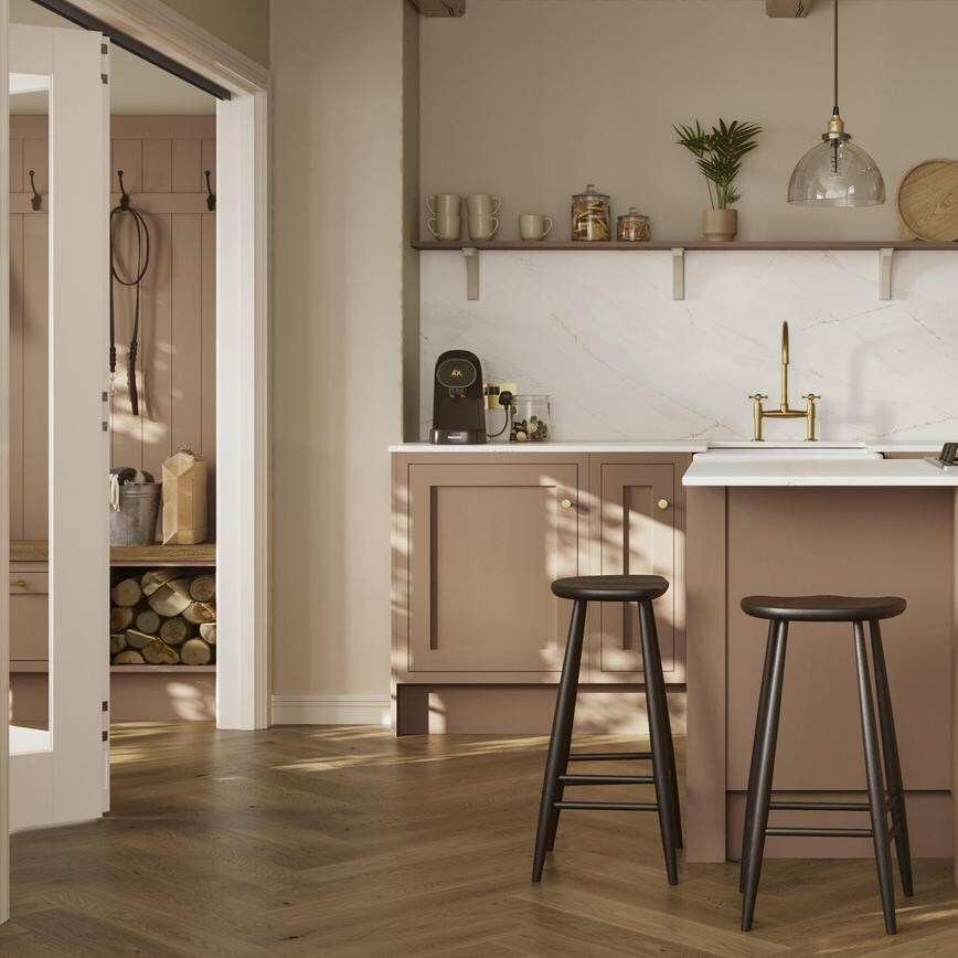 Howdens Herringbone Natural Oak Engineered Wood Flooring in an Ilfracombe Terracotta Kitchen Set