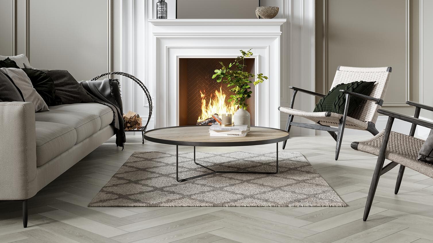 H-Bone Rigid Vinyl Frosted Oak Living Room  