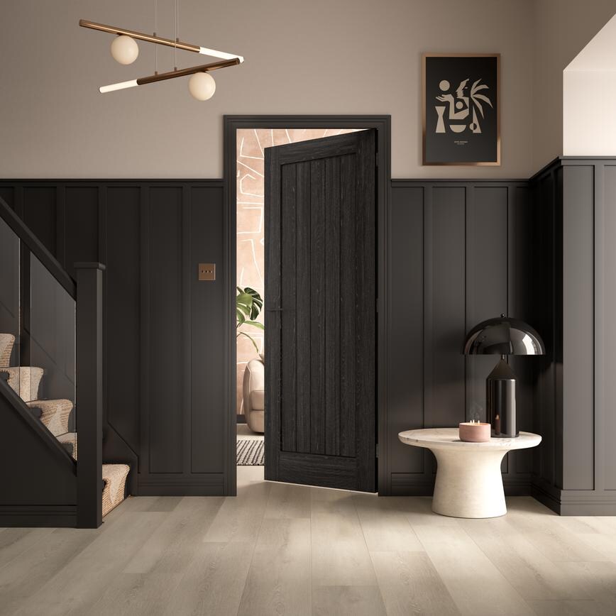 2'6" Holdenby Pre-Finished Grey Door Open with Much Lever on Backplate Handle in a Hallway Set