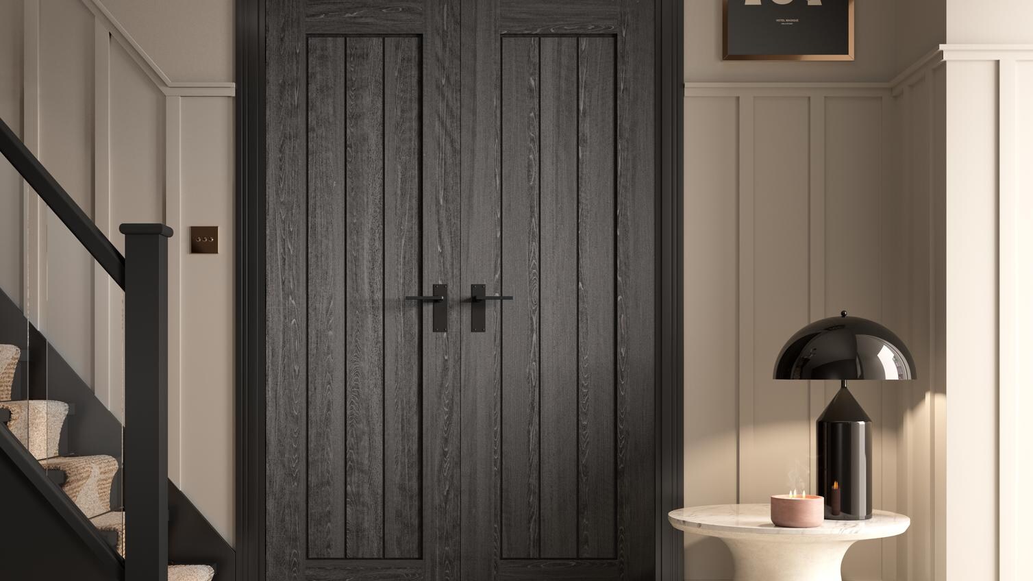 2'0 Preinished Grey Holdenby Munch Lever On Backplate Matt Black Handle Vanilla Oak Floor
