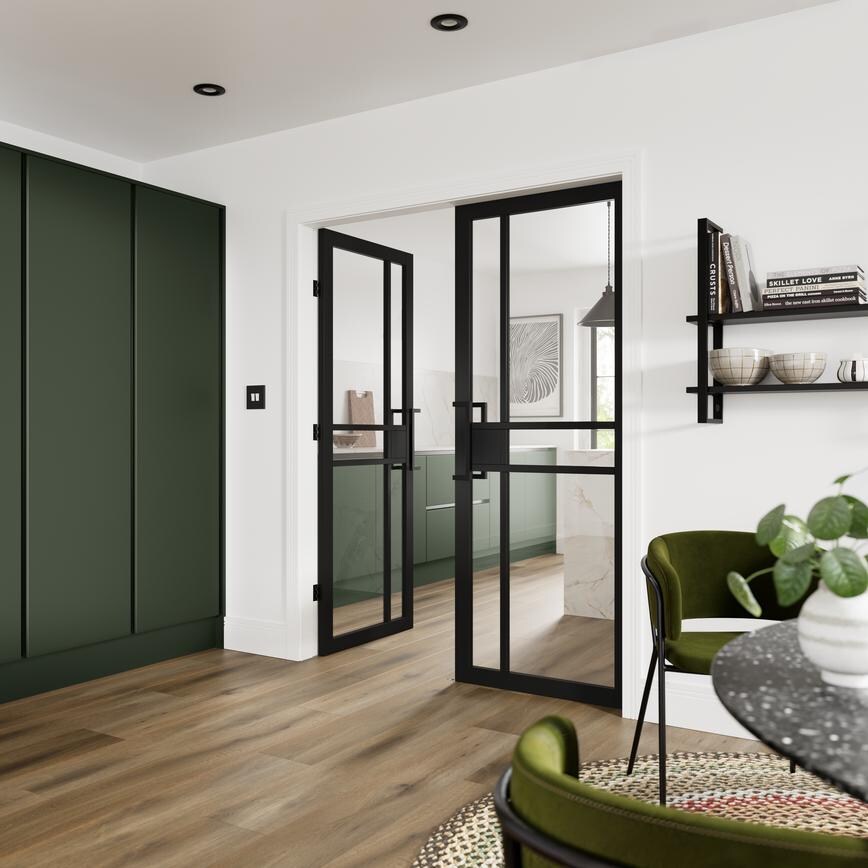 Fairfax Black Glazed Doors And Cranked Handle Featuring Hockley Fir Green