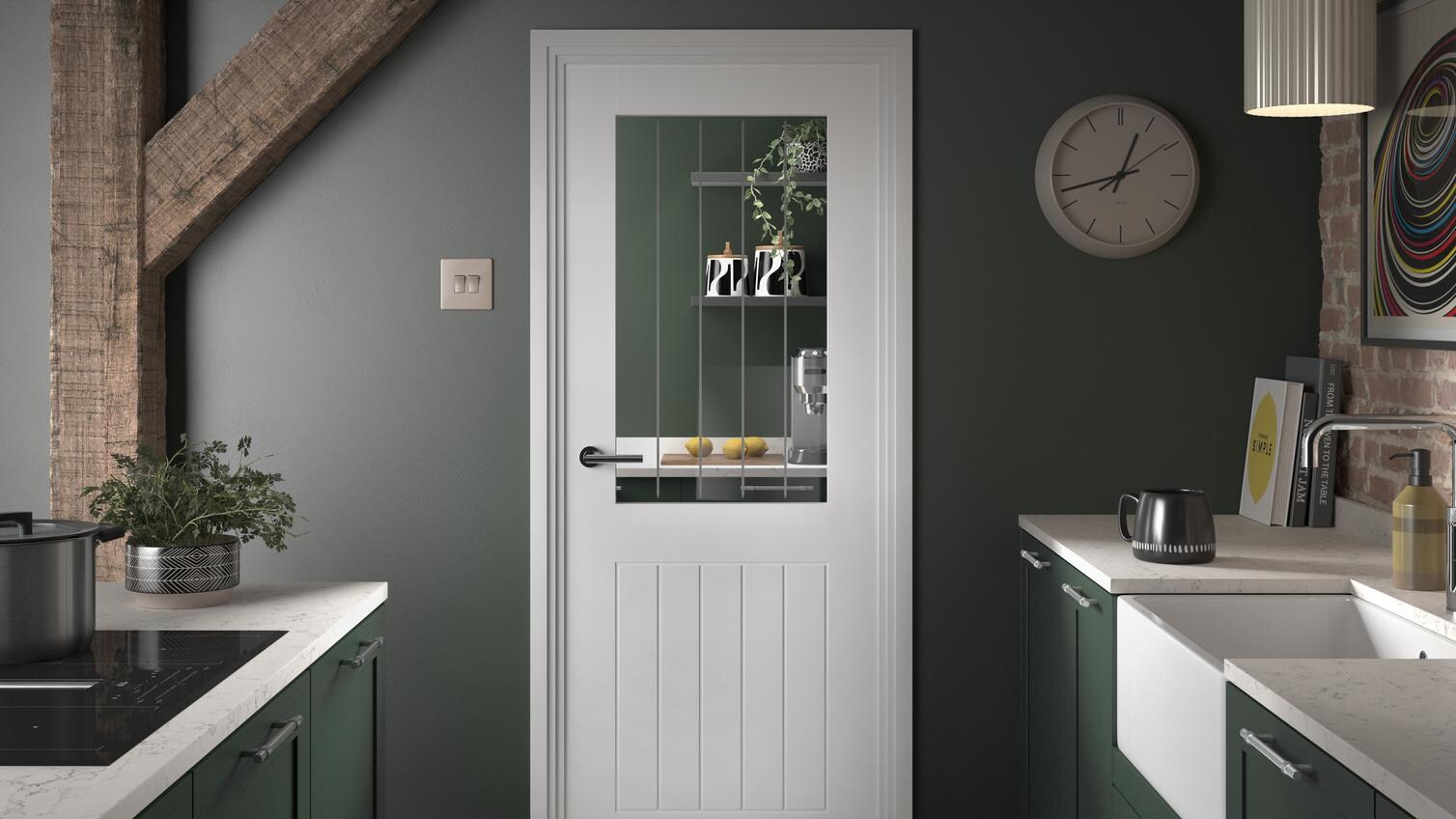 Howdens Holdenby 6'6" x 2'6" White Primed Clear Glazed Door & Howdens 4.2m x 120mm Stepped White MDF Skirting Board